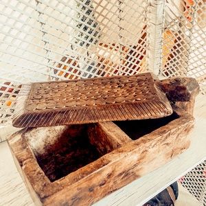 Vintage Old Carved Wood Large Spice Box